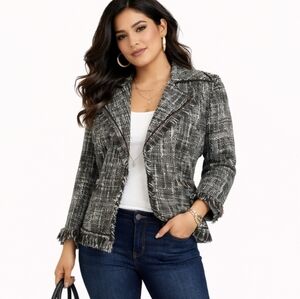 NEW YORK & COMPANY Size 14 Green & Brown Tweed Fringe Trim Career‎ Blazer Jacket